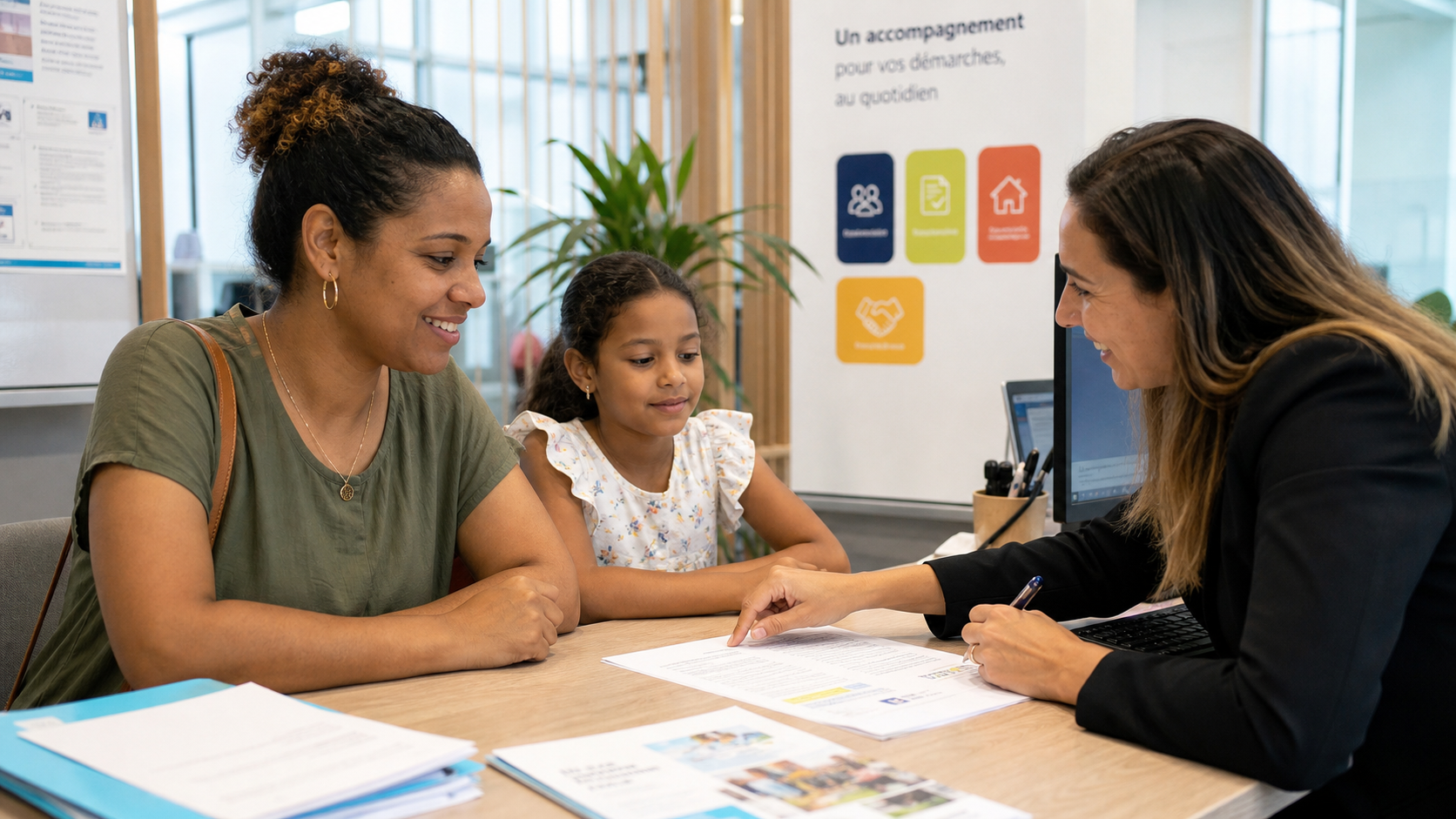Une maman et son enfant accompagnés dans leurs démarches administratives par un conseiller