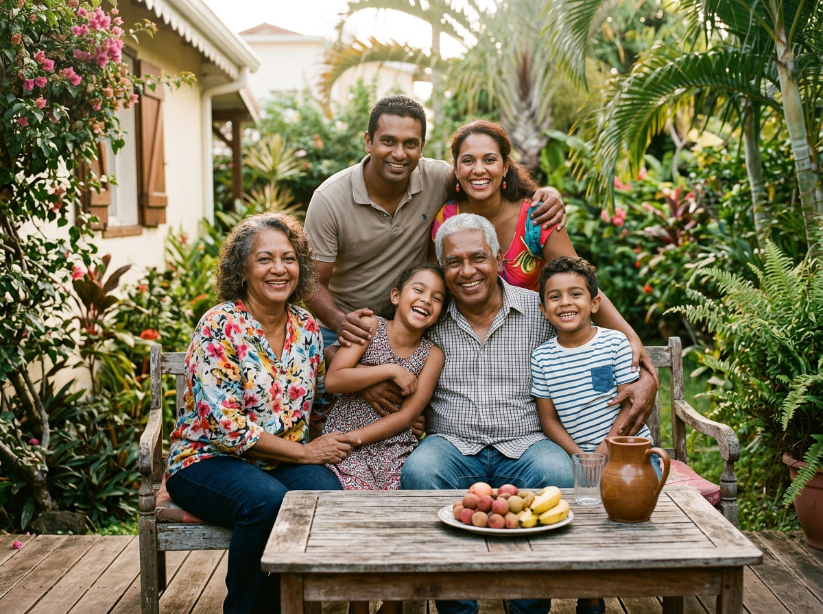 Une famille réunionnaise réunie sur plusieurs générations — parents, enfants et grands-parents — accompagnée avec bienveillance